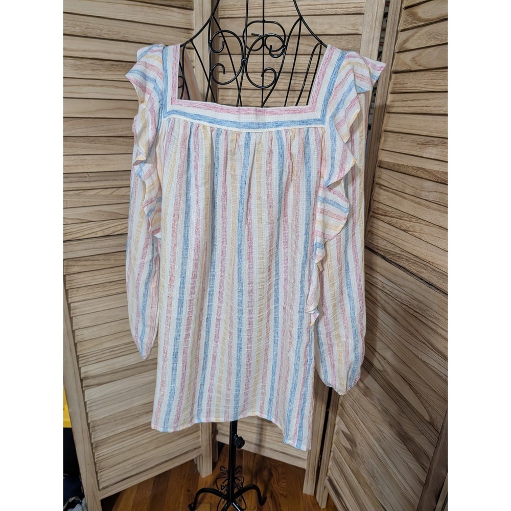 Chaps Women Sz L Blouse Striped Boho Square Neck Ruffle Peasant Shirt 3/4 Sleeve